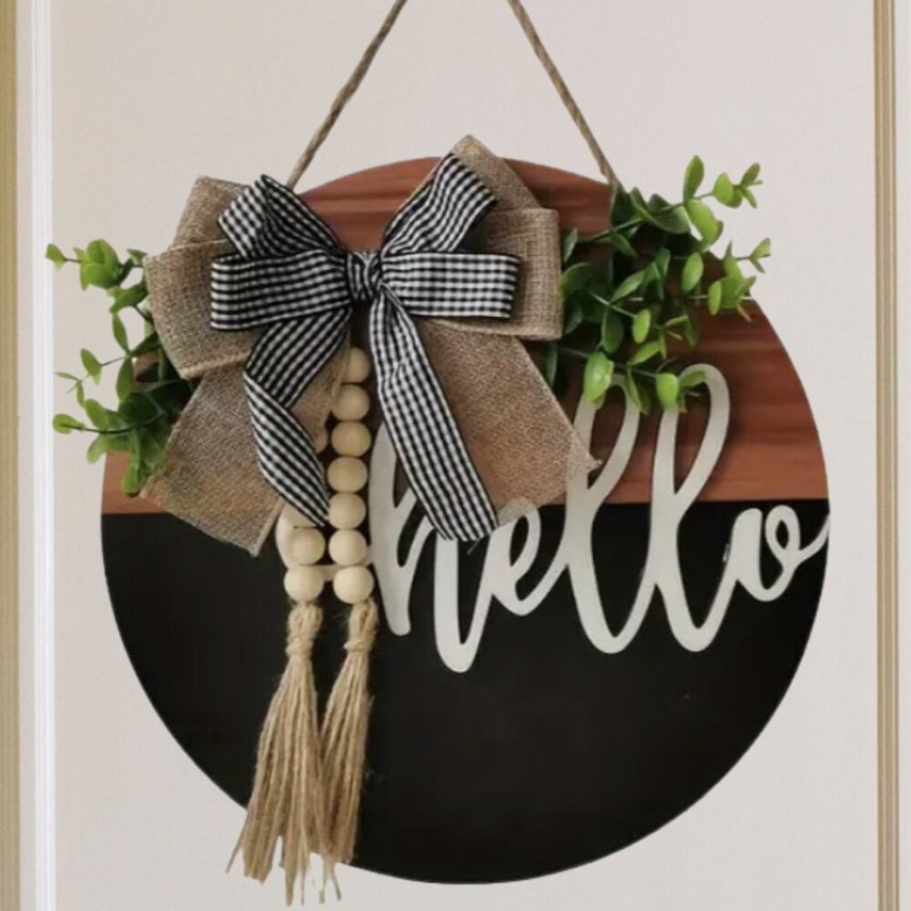 Hello Rustic Farmhouse Welcome Sign Buffalo Check Bow Wood Tassel Beads 11.8"